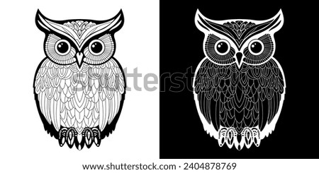 Black and white illustration of an owl. Coloring book page for adults and children with mandala and zentangle elements