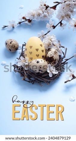 Happy Easter text with a nest with Easter eggs and a flower branch on a blue background