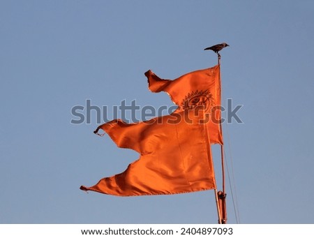 Saffron flags on top of a hindu temple Royalty-Free Stock Photo #2404897093
