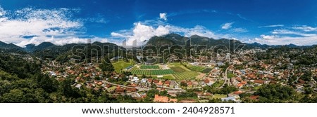Aerial drone view of Granja Comary in Teresopolis, the headquarters and main training center of the Brazil national football team Royalty-Free Stock Photo #2404928571