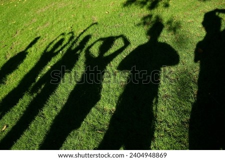 Shadows of four family members on fresh green grass lane