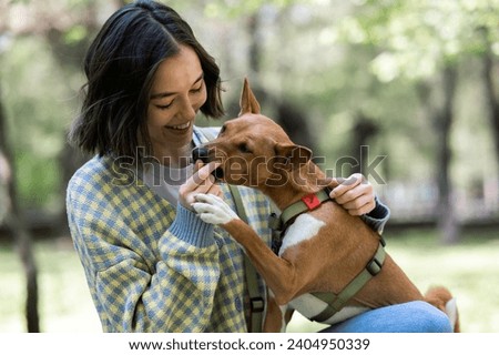 A young beautiful girl hugs a dog on a walk. Non-barking african basenji dog.  Royalty-Free Stock Photo #2404950339