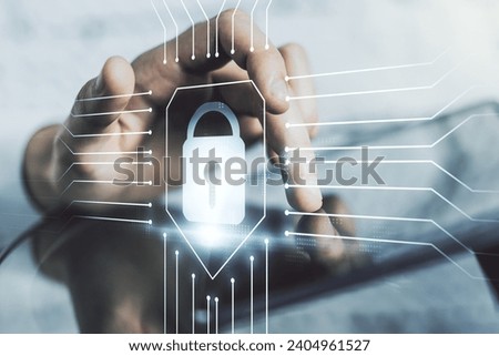 Double exposure of creative lock hologram with chip and with finger clicks on a digital tablet on background. Information security concept