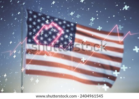 Abstract virtual concept of heart pulse illustration on US flag and blue sky background. Medicine and healthcare concept. Multiexposure