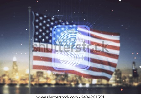 Multi exposure of virtual graphic fingerprint sketch on US flag and skyline background, fingerprint scan data concept