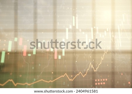 Multi exposure of virtual abstract financial graph hologram and world map on modern interior background, financial and trading concept