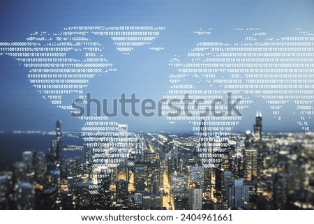 Multi exposure of abstract creative digital world map hologram on Chicago city skyline background, tourism and traveling concept