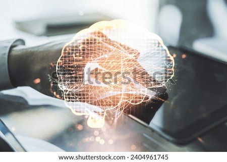 Creative artificial Intelligence concept with human brain sketch and finger presses on a digital tablet on background. Double exposure