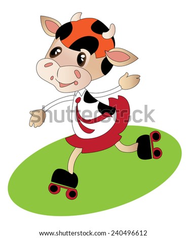 Funny cow roller-skating on the green meadow
