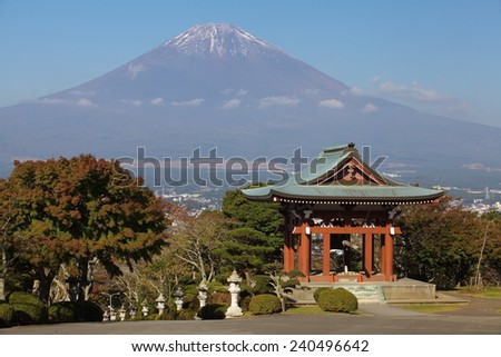 Mountain Fuji and Japan temple in autumn season  