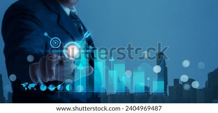Businessman pointing fingers goals icon, digital business growth, strategy graph chart, stock investment business leadership, success  banking finance, saving money. Economy growth financial concept

