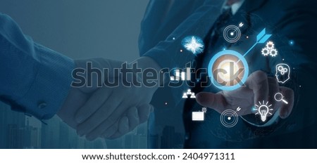 Businessman pointing fingers goals icon, digital business growth, strategy graph chart, stock investment business leadership, success in banking finance, saving money. Economy growth financial concept