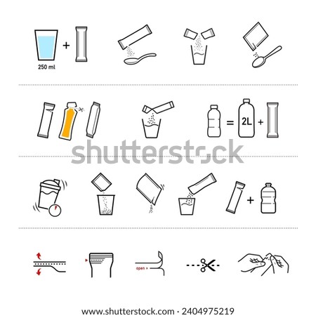 Icons of stick package bag set with samples, preparation instructions. Vector elements for infographics. Set of sign for detailed guideline. Ready for your design. EPS10. Royalty-Free Stock Photo #2404975219