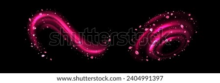 Pink light circular neon elements with swoosh effect and flower petals. Realistic vector illustration set of glowing swirl circle lines with flying leaves and sparkles. Magic luminous wave wind.