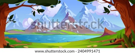 Cartoon summer landscape with lake in forest in foot of mountains on sunny day. Vector scenery with blue water in pond with green grass and trees on shore , high peaks of hills and sky with clouds.