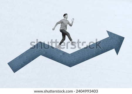 Creative collage picture illustration monochrome effect excited happy funny young man run jump go target arrow up progress white background