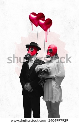 Poster. Contemporary art collage. Two newlyweds, bride and groom in black and white filter, but with red gas masks standing with drawn balloons. Concept of Valentine's Day, new stage in relationship Royalty-Free Stock Photo #2404997929