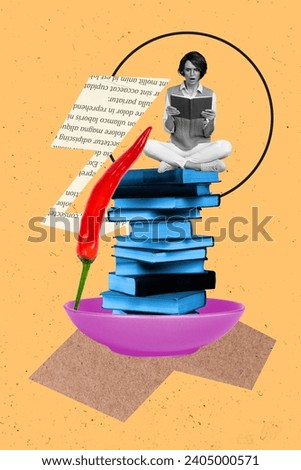 Vertical illustration collage of young surprised girl holding book amazed reading the plot book isolated on yellow color background