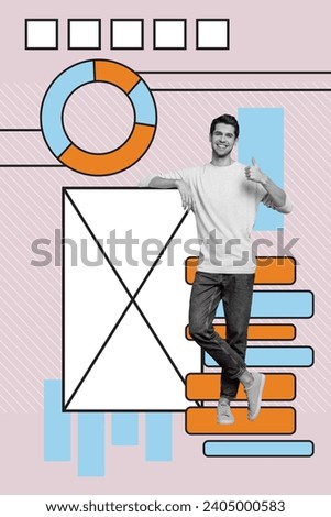 Vertical collage creative monochrome effect excited attractive happy gentleman show data analysis thumb up colorful template
