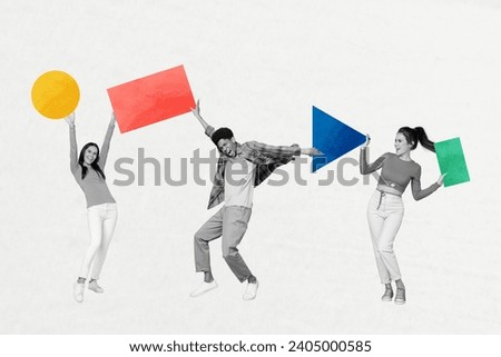 Creative collage picture illustration monochrome effect excited happy funny young ladies gentleman hold colorful figure teamwork banner