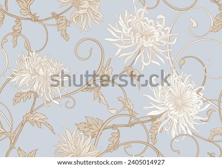 Chrysanthemum decorative flowers and leaves in art nouveau style, vintage, old, retro style. Seamless pattern, background. Vector illustration In vintage blue and beige colors Royalty-Free Stock Photo #2405014927