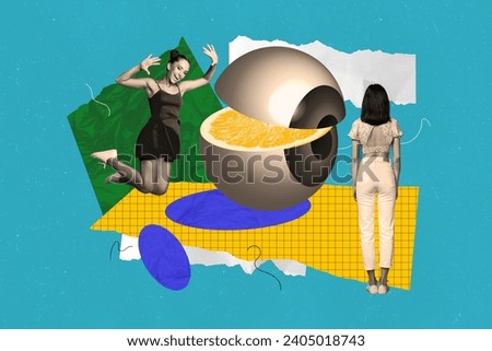 Composite collage picture image of two funny girls eye citrus orange eyeball privacy scrutiny security weird freak bizarre unusual fantasy