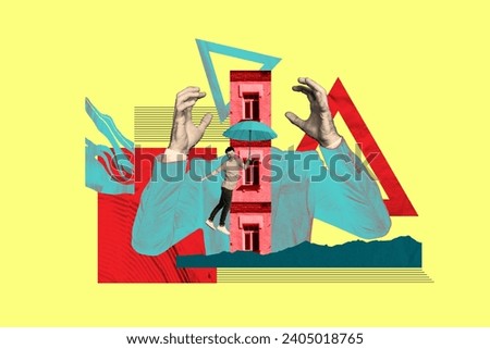 Creative drawing collage picture of funny man fly umbrella building city architecture instead head weird freak bizarre unusual fantasy