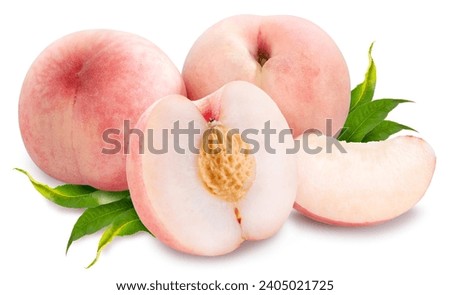 Japanese White Peach fruit with leaf isolated on white background, Fresh Peach on White Background With clipping path. Royalty-Free Stock Photo #2405021725