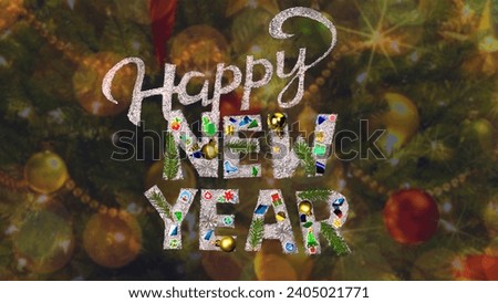Happy New Year inscription made of sparkles christmas tree background, craft hand made.