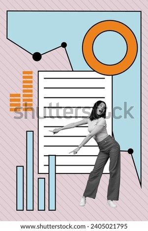 Vertical collage creative black white effect charm lovely happy lady show data analysis charts diagram note draw colorful template