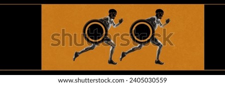 Competitive young man, athletes in motion, running with shield over orange black background. Ancient sport. Contemporary art collage. Concept of sport, tournament, competition, ancient Greek style