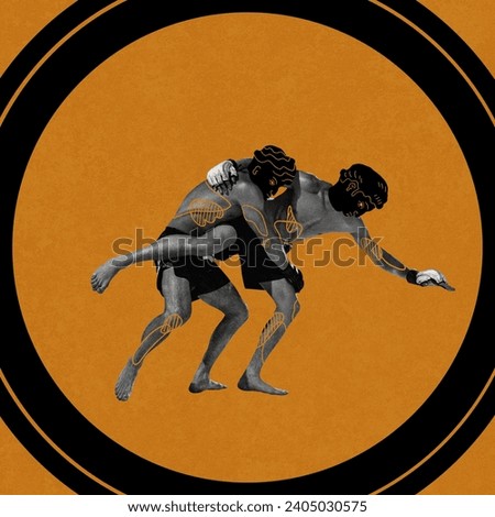 Competitive musuclar man, boxing, mma athletes with drawn head of ancient man fighting over yellow background. Contemporary art collage. Concept of sport, tournament, competition, ancient Greek style Royalty-Free Stock Photo #2405030575