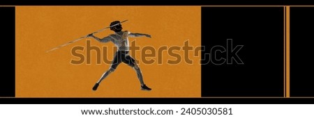 Strong muscular young man, athlete practicing, throwing javelin over orange black background. Ancient man drawing. Contemporary artwork. Concept of sport, tournament, competition, ancient Greek style Royalty-Free Stock Photo #2405030581