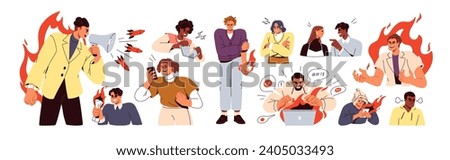 Rage, hatred, anger expressions, emotions set. Mad rude aggressive people feeling angry, yelling, threatening, hating. Aggression concept. Flat graphic vector illustration isolated on white background Royalty-Free Stock Photo #2405033493