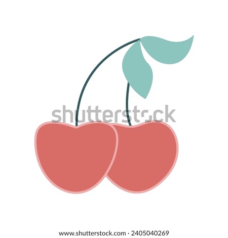 Pair of cherries on branch with leaves clip art. Juicy ripe cherry flat style. Berries isolated vector illustration