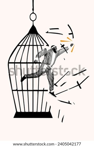 Vertical creative poster young crazy man escaping cage run away break through cell persistence reach target drawing background