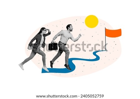 Photo collage image running colleagues partners employees man woman towards finish flag point target achievement success reach goal Royalty-Free Stock Photo #2405052759