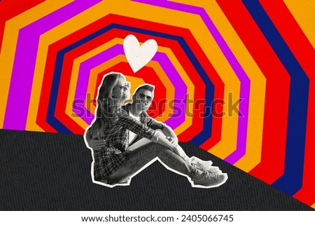 Artwork collage image of two positive idyllic soulmates embrace heart symbol isolated on creative drawing background