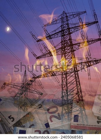 Power pylons with a colorful evening sky. Burning banknotes as a symbol of the sharp rise in electricity prices in Germany.