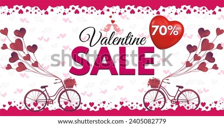 Happy Valentine's day sale 70% off everything, couple bicycle with Aesthetic hearts patterned background