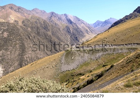 View of Too-Ashuu pass near Bishkek, Kyrgyzstan, Central Asia Royalty-Free Stock Photo #2405084879