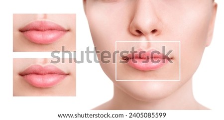 Young woman near set of different lips shapes. Shape of the lips concept. Royalty-Free Stock Photo #2405085599