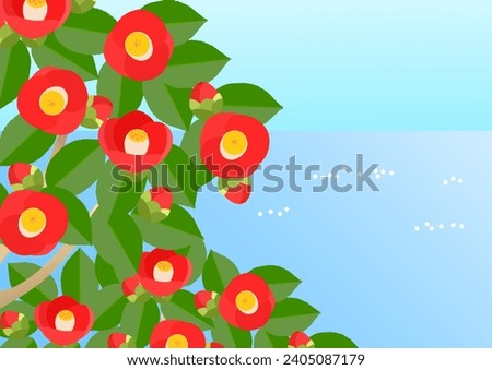 Red camellia trees and the sea