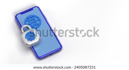 Mobile Phone Smartphone security guard with fingerprint padlock on white background. Minimalist 3D render design, copy space. Global contactless payment, online banking concept. SHOTLISTbanking.