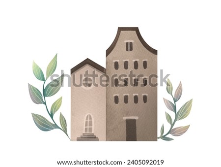 suburban stone European house set isolated on white background. Watercolor illustration of vintage brick house with flowers. estate architecture, Cozy residence. nice buildings on old street