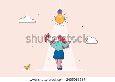 Brainstorm concept. Innovation, creativity or imagination for business success, thinking about idea, solution to solve problem, smart businesswoman thinking under inspired bright light bulb.