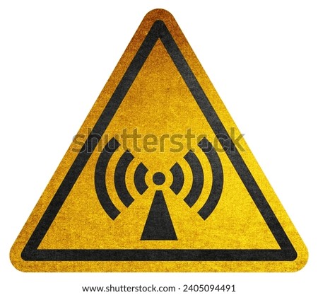 Danger symbol Non-ionizing radiation yellow triangle warning sign. Attention symbol on yellow background in triangle. Hazard warning symbol rustic texture. Attention symbol of non ionized threat alert