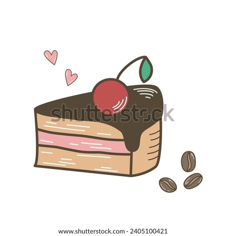 Piece of pie with cherries in chocolate glaze. Sweet butter pastries, clip art. Layered berry pie, isolated vector illustration