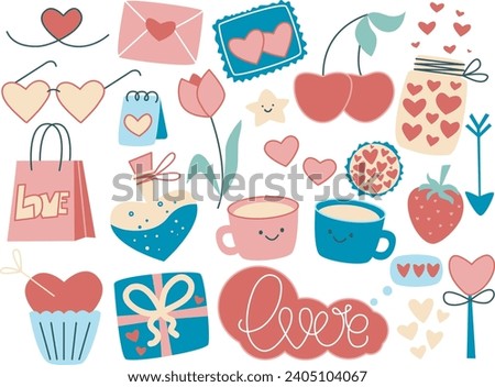 Valentines day set hand drawn elements. Romance and love concept. Clip art collection of heart, message, cupid arrow, elixir, stamp, kawaii characters in love and others. Flat style, isolated vector