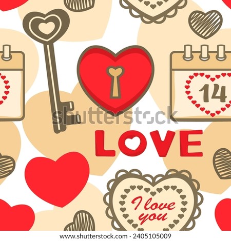 Valentine's Day clip art seamless vector background with key, calendar and heart shaped decoration, wallpaper, textile print, wrapping paper pattern.